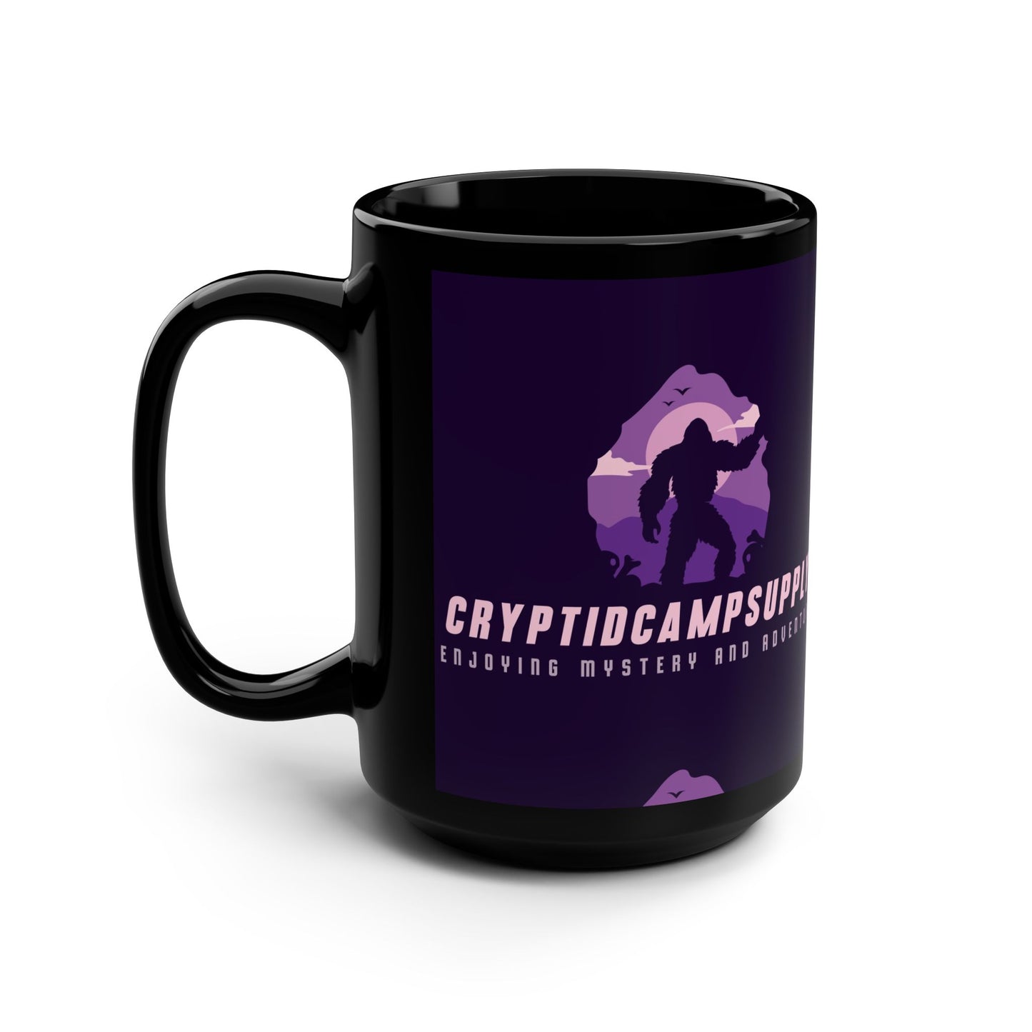 CryptidCampSupply Black 15oz Mug — Purple Bigfoot Logo Coffee Cup