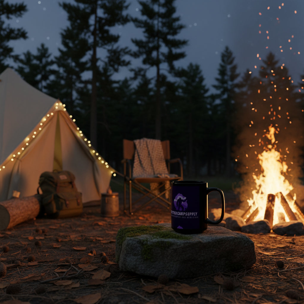 CryptidCampSupply Black 15oz Mug — Purple Bigfoot Logo Coffee Cup